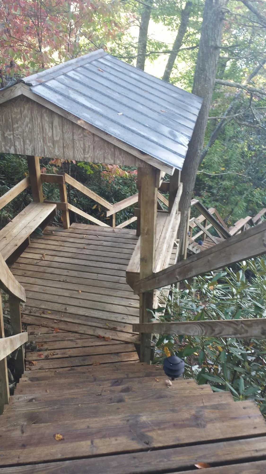 Metal roofed shelter over wooden steps on a wooded walkway — Skylight Repair & Installation work by our crew in Flat Rock